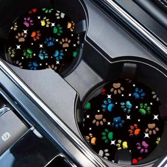 Dog Paws Coasters Multi Color Print Set of 2 Black Auto Car - Picture 1 of 1